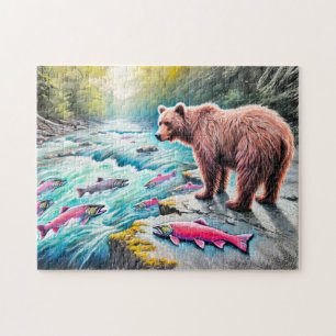 Braunbär beobachtet Lachse Pastellkreidezeichnung Puzzle