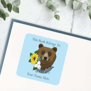 Braunbär Blaue Blumen Feder Wildnis Exlibris Quadratischer Aufkleber