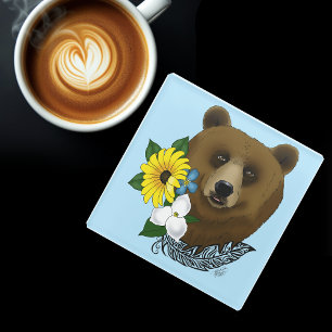 Braunbär Blaue Blumen Feder Wildnis Glasuntersetzer