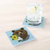 Braunbär Blaue Blumen Feder Wildnis Glasuntersetzer (Schrägansicht)