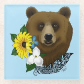 Braunbär Blaue Blumen Feder Wildnis Glasuntersetzer (Vorderseite)
