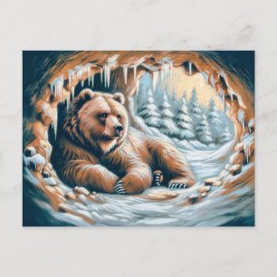 Braunbär im Winter Höhle Pastel Chalk Zeichnend Postkarte