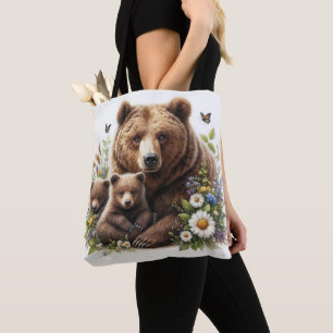 Braunbär mit Jungen auf blühender Blumenwiese - Wi Tasche
