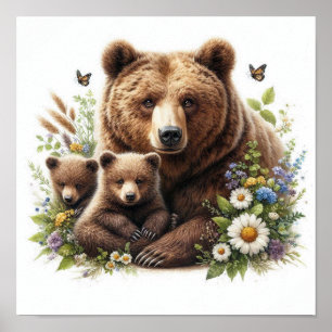 Braunbär mit Jungen Blumenwiese Wildtiere Poster