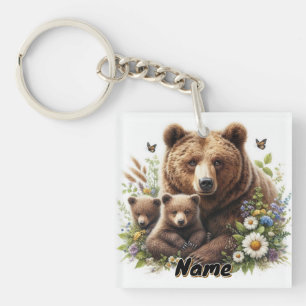Braunbär mit Jungen, florale Wiese, Wildtiere Schlüsselanhänger