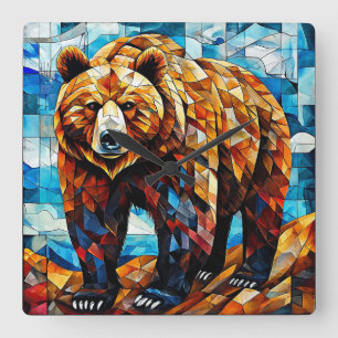 Braunbär 🐻✨ Rustikale Wald-Mosaik-Naturkunst Quadratische Wanduhr