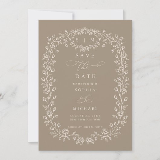 Braunbeige florale Linienkunst Save The Date (Vorderseite)