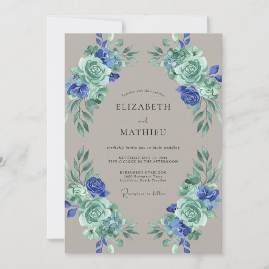 Braunblaue Blätterhochzeit Einladung (Vorderseite)