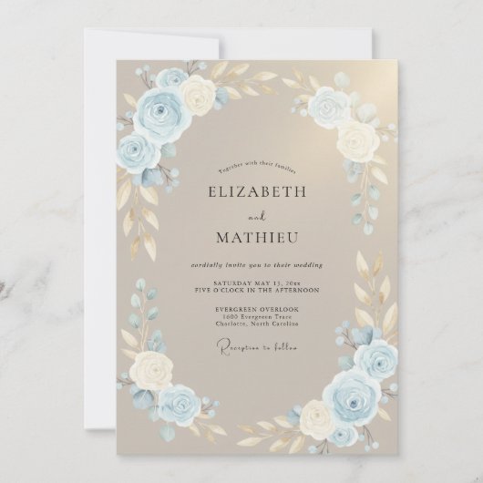 Braunblaue Blätterhochzeit Einladung (Vorderseite)