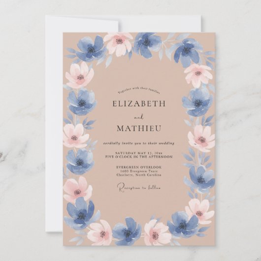 Braunblaue Blütenhochzeit Einladung (Vorderseite)