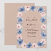 Braunblaue Blütenhochzeit Einladung (Vorne/Hinten)