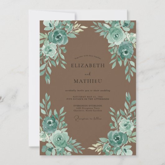Braunblaue Blütenhochzeit Einladung (Vorderseite)