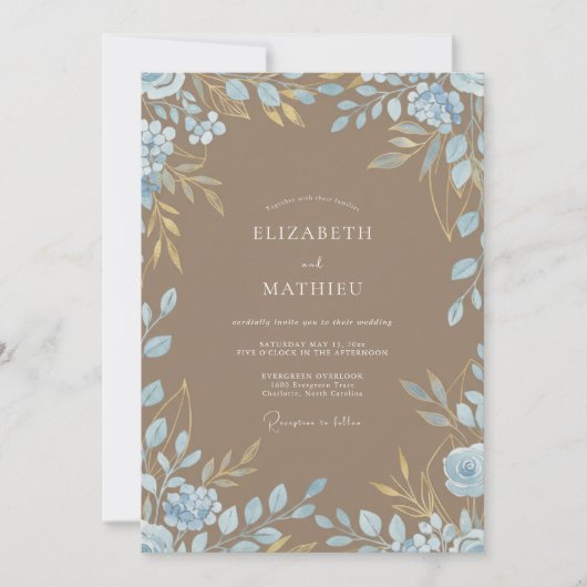 Braunblaue Eukalyptus-Hochzeit Einladung (Vorderseite)