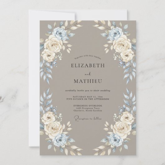Braunblaue Rosenhochzeit Einladung (Vorderseite)