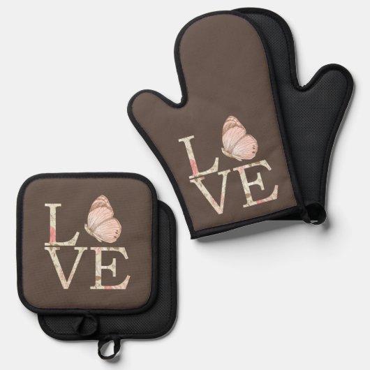 Brauncreme Rosa Liebe Schmetterling Blütenblume Ofenhandschuh & Topflappen-Set (Vorderseite/Rückseite)