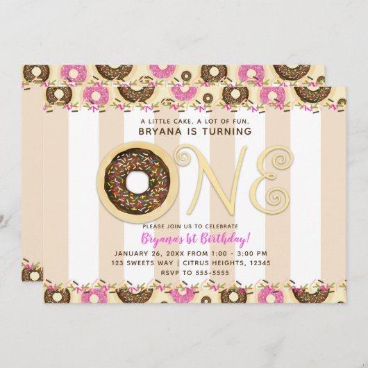 Brauncreme Sprinkle Donuts 1. Geburtstag Party Einladung (Vorne/Hinten)