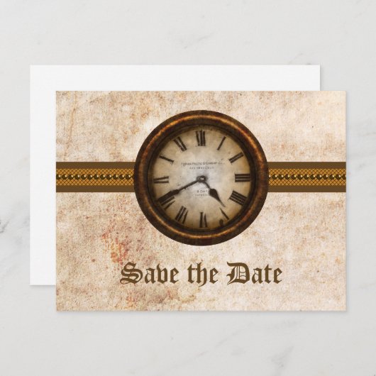 Braune antike Uhr Save the Date Postkarte (Vorne/Hinten)
