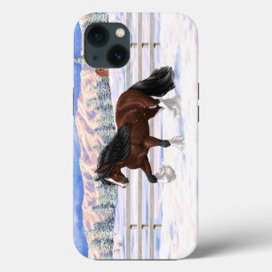 Braune Bay Gypsy Vanner Zugpferd im Schnee iPhone 13 Hülle