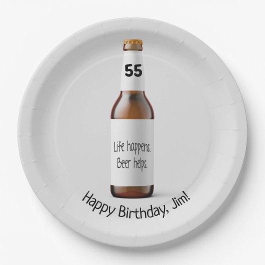 Braune Bierflasche zum 55. Geburtstag Pappteller (Vorderseite)