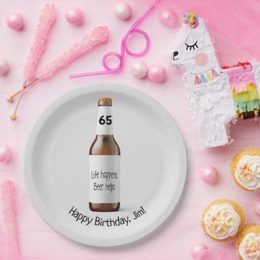 Braune Bierflasche zum 65. Geburtstag Pappteller (Party)