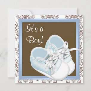 Braune blaue Damast Schuhe Baby Jungen Dusche Einladung