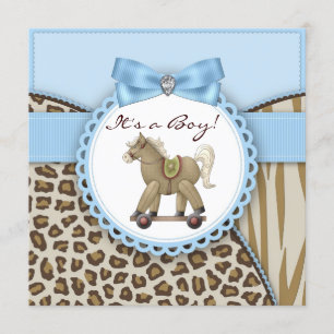 Braune Blaue Schaukelpferd Baby Jungen Shower Einladung