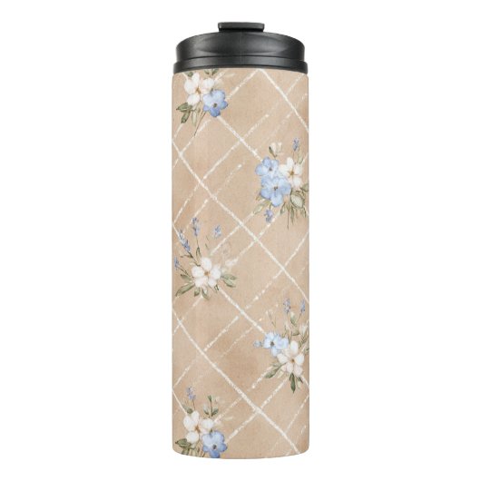 Braune Blaue Weiße Blumen Thermosbecher (Vorderseite)