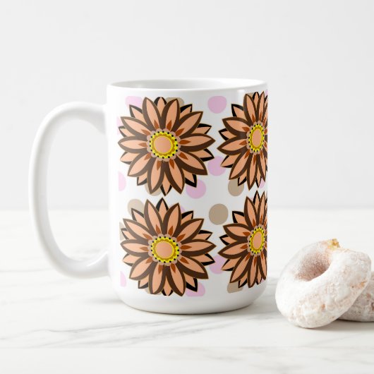 Braune Blume Pink Polka dot Floral Muster Kaffeetasse (Mit Donut)