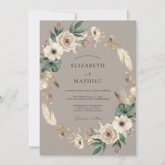 Braune Blumen Boho-Hochzeit Einladung (Vorderseite)