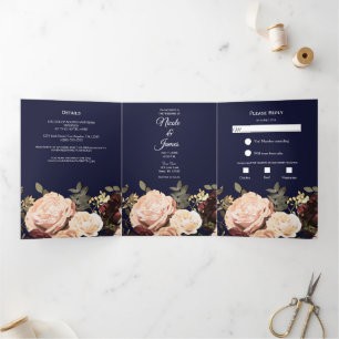 Braune Blumen Grünzeug Marineblaue Hochzeit Dreifach Gefaltete Einladung