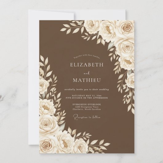Braune Blumige Hochzeit Einladung (Vorderseite)