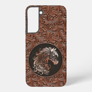 Braune Cowgirl-Blumen geprägter Leder-Pferdekopf Samsung Galaxy Hülle