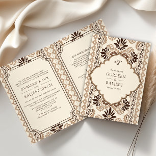 Braune Creme Beige Ikat auf einer Sikh Hochzeit Einladung