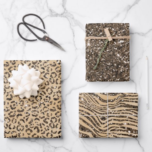 Braune Creme Glitzer Leopard Print Geschenkpapier Set (Vorderseite)