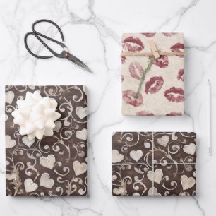 Braune Creme-Herzen Rote Lippen Küsse Brautparty Geschenkpapier Set