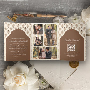 Braune Creme-Ikat-Hochzeitseinladung für indische Dreifach Gefaltete Einladung