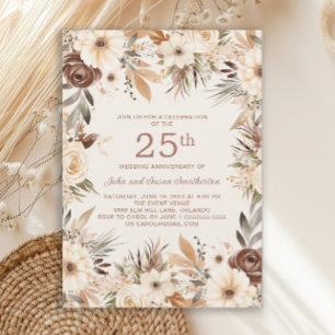 Braune cremefarbene Aquarell-Blumen zum 25. Jubilä Einladung