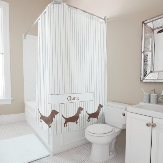 Braune Dackeln auf Beige Streifen Individuelle Nam Duschvorhang (Beispiel)