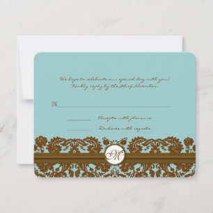 Braune Damast-Hochzeitsmonogramm-Antwortkarte RSVP Karte