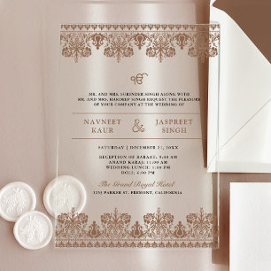 Braune Damast-Rand Anand Karaj Sikh-Hochzeit Acryleinladungen