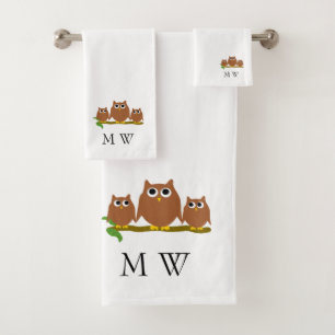 Braune Eulen Design Monogramm Badhandtuch Set