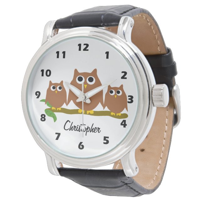 Braune Eulen-Design personalisiert Armbanduhr (Schrägansicht)