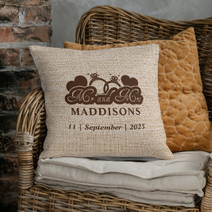 Braune Faux-Jute Mr. und Mrs. Hochzeits-Andenken Kissen