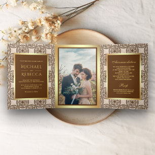 Braune Fliesenmuster Faux Goldfolie Foto Hochzeit Dreifach Gefaltete Einladung
