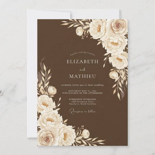 Braune Florale Hochzeitsromantik Einladung (Vorderseite)