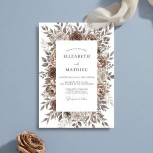 Braune florale Pinselstrich-Romanze-Hochzeit Einladung