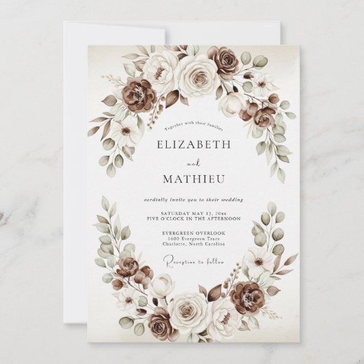 Braune Florale Rustikale Hochzeit Einladung (Vorderseite)