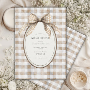 Braune Gingham-Bogen-Rahmen Vintage-Brautparty Einladung