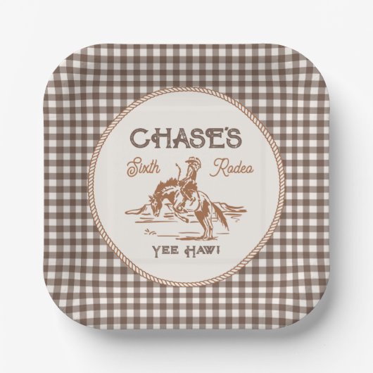 Braune Gingham-Rodeo-Party-Teller aus Papier Pappteller (Vorderseite)