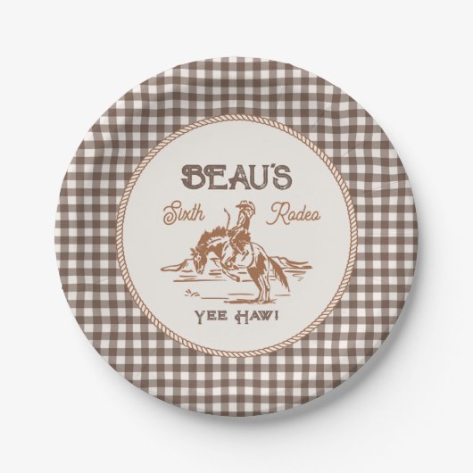 Braune Gingham-Rodeo-Party-Teller aus Papier Pappteller (Vorderseite)
